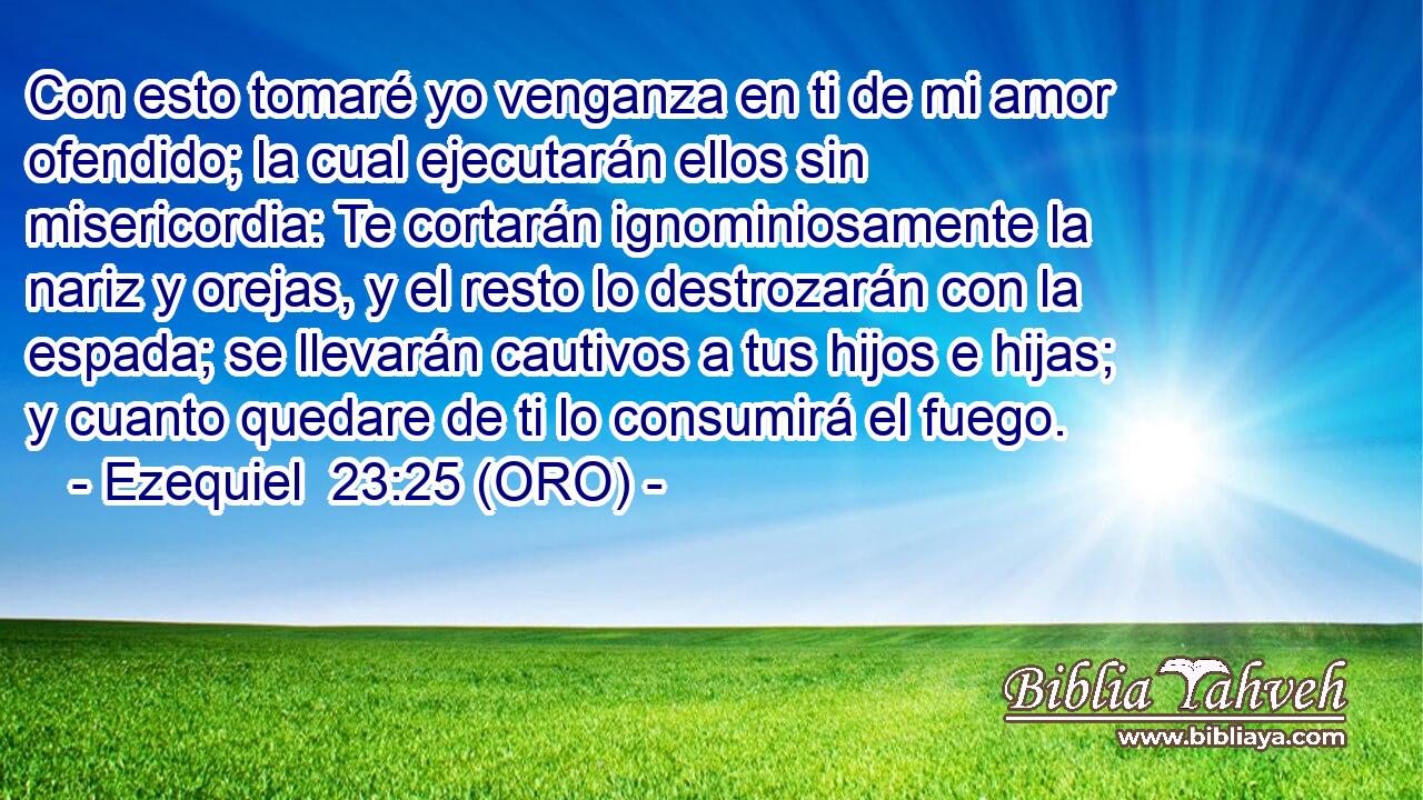  Con esto tomaré yo venganza en ti de mi amor ofendido; la cual ejecutarán ellos sin misericordia: Te cortarán ignominiosamente la nariz y orejas, y el resto lo destrozarán con la espada; se llevarán cautivos a tus hijos e hijas; y cuanto quedare de ti lo consumirá el fuego. 