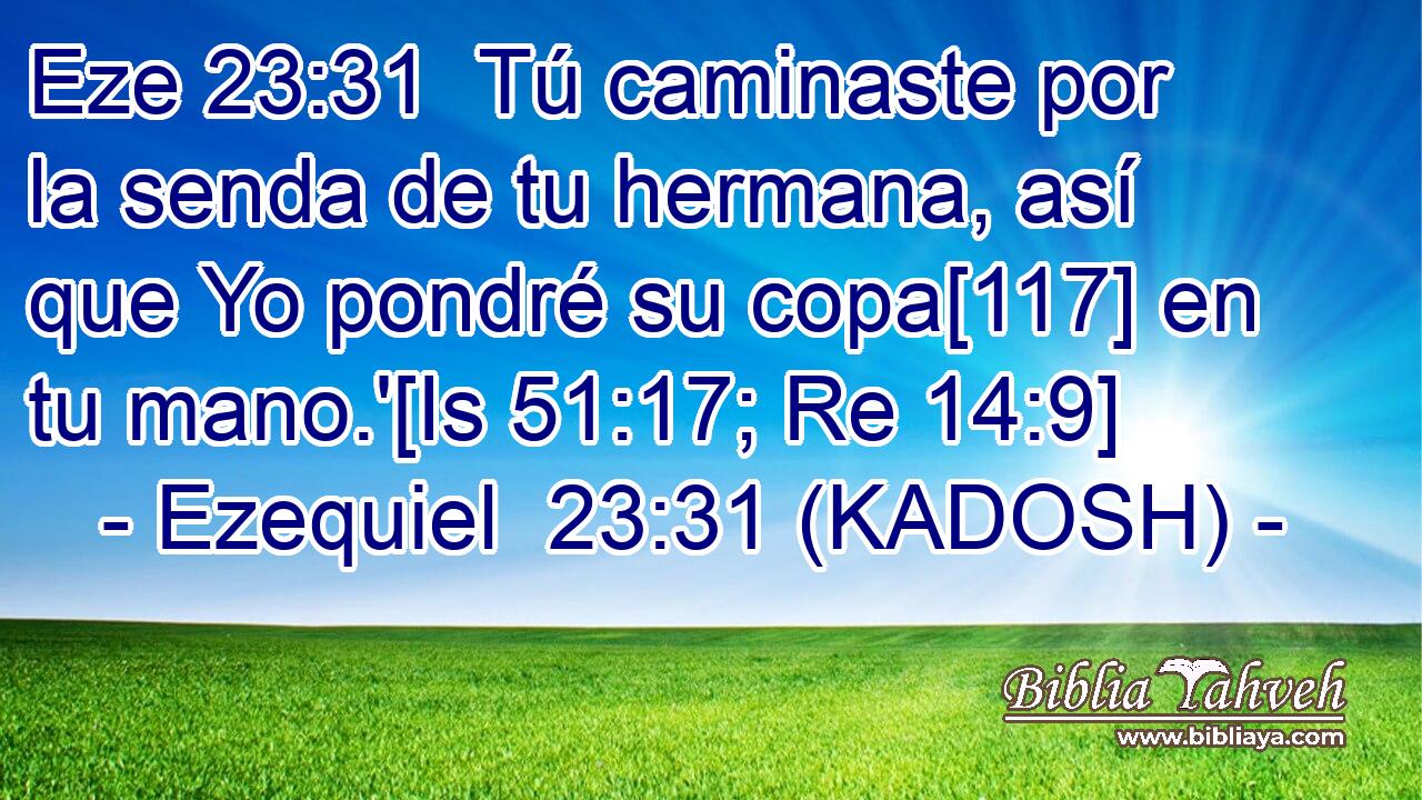  Tú caminaste por la senda de tu hermana, así que Yo pondré su copa[117] en tu mano.'[Is 51:17; Re 14:9] 