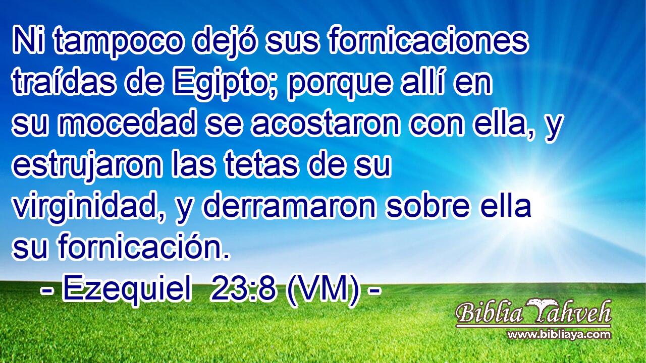  Ni tampoco dejó sus fornicaciones traídas de Egipto; porque allí en su mocedad se acostaron con ella, y estrujaron las tetas de su virginidad, y derramaron sobre ella su fornicación. 