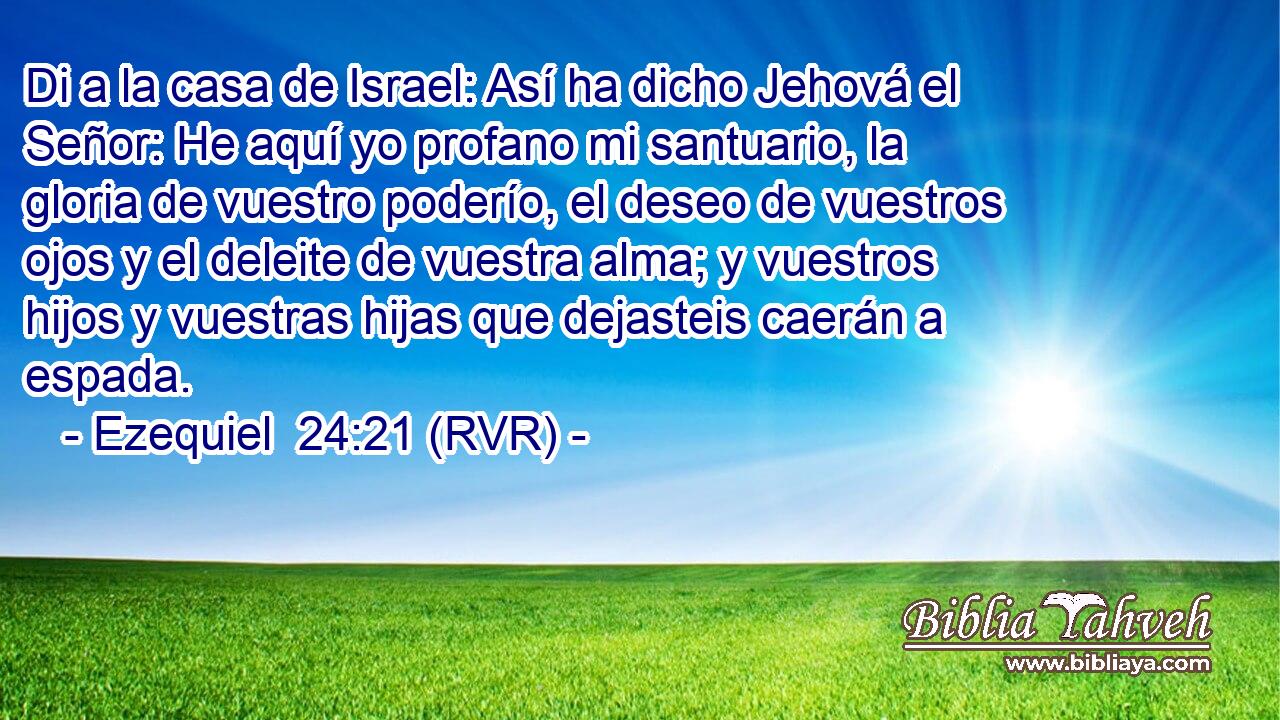 Di a la casa de Israel: Así ha dicho Jehová el Señor: He aquí yo profano mi santuario, la gloria de vuestro poderío, el deseo de vuestros ojos y el deleite de vuestra alma; y vuestros hijos y vuestras hijas que dejasteis caerán a espada.