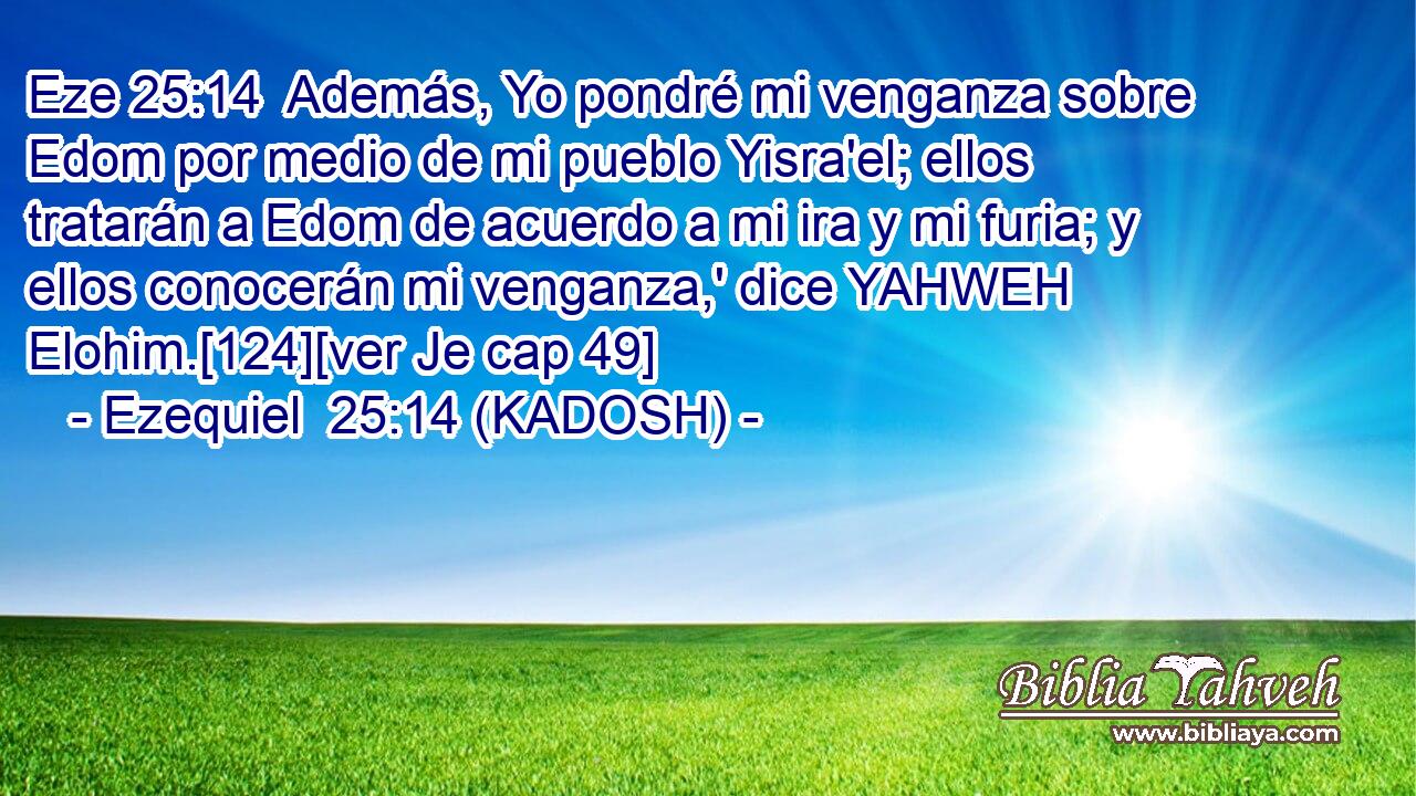  Además, Yo pondré mi venganza sobre Edom por medio de mi pueblo Yisra'el; ellos tratarán a Edom de acuerdo a mi ira y mi furia; y ellos conocerán mi venganza,' dice YAHWEH Elohim.[124][ver Je cap 49] 