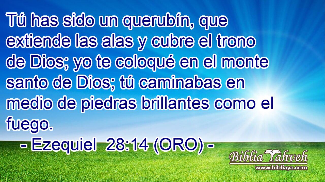  Tú has sido un querubín, que extiende las alas y cubre el trono de Dios; yo te coloqué en el monte santo de Dios; tú caminabas en medio de piedras brillantes como el fuego. 