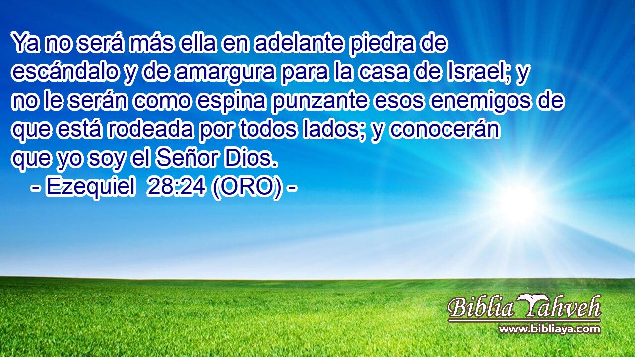  Ya no será más ella en adelante piedra de escándalo y de amargura para la casa de Israel; y no le serán como espina punzante esos enemigos de que está rodeada por todos lados; y conocerán que yo soy el Señor Dios. 