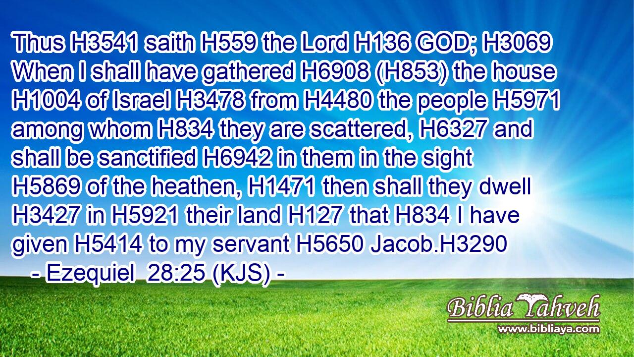 Thus H3541 saith H559 the Lord H136 GOD; H3069 When I shall have gathered H6908 (H853) the house H1004 of Israel H3478 from H4480 the people H5971 among whom H834 they are scattered, H6327 and shall be sanctified H6942 in them in the sight H5869 of the heathen, H1471 then shall they dwell H3427 in H5921 their land H127 that H834 I have given H5414 to my servant H5650 Jacob.H3290