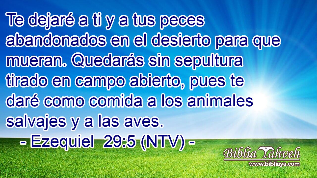 Te dejaré a ti y a tus peces abandonados en el desierto para que mueran. Quedarás sin sepultura tirado en campo abierto, pues te daré como comida a los animales salvajes y a las aves.