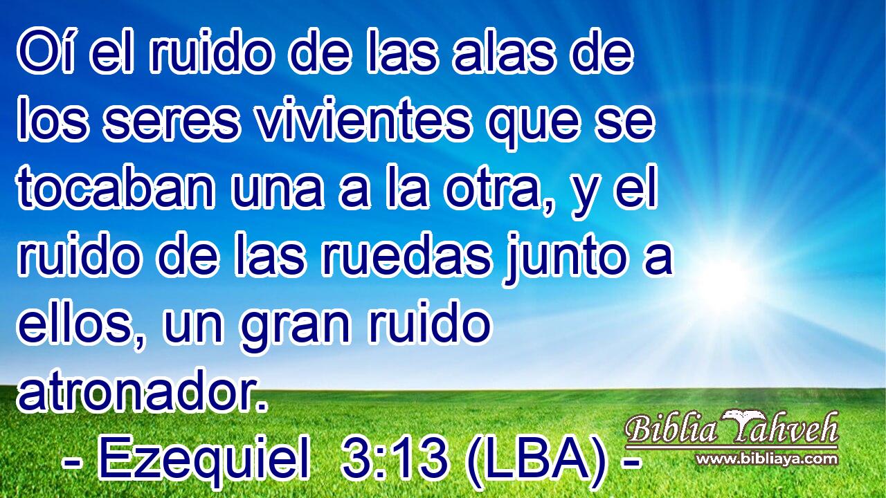 Oí el ruido de las alas de los seres vivientes que se tocaban una a la otra, y el ruido de las ruedas junto a ellos, un gran ruido atronador.