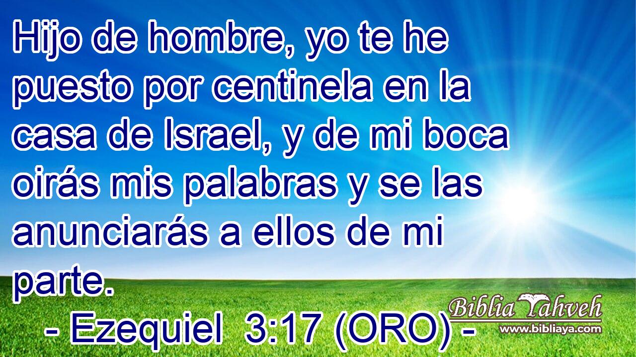  Hijo de hombre, yo te he puesto por centinela en la casa de Israel, y de mi boca oirás mis palabras y se las anunciarás a ellos de mi parte. 