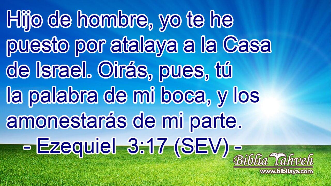 Hijo de hombre, yo te he puesto por atalaya a la Casa de Israel. Oirás, pues, tú la palabra de mi boca, y los amonestarás de mi parte.
