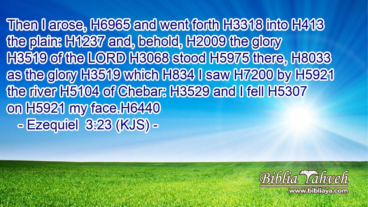 Then I arose, H6965 and went forth H3318 into H413 the plain: H1237 and, behold, H2009 the glory H3519 of the LORD H3068 stood H5975 there, H8033 as the glory H3519 which H834 I saw H7200 by H5921 the river H5104 of Chebar: H3529 and I fell H5307 on H5921 my face.H6440