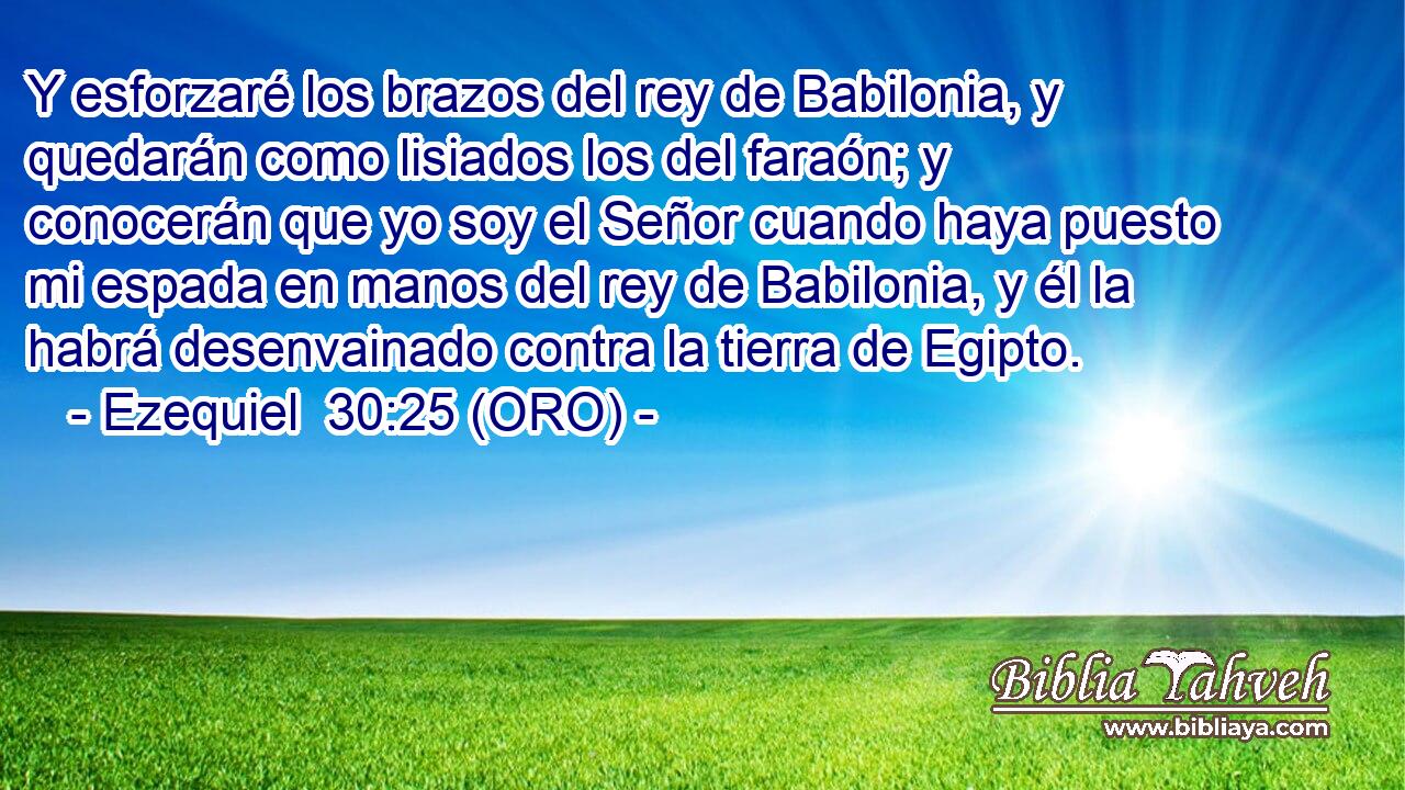  Y esforzaré los brazos del rey de Babilonia, y quedarán como lisiados los del faraón; y conocerán que yo soy el Señor cuando haya puesto mi espada en manos del rey de Babilonia, y él la habrá desenvainado contra la tierra de Egipto. 