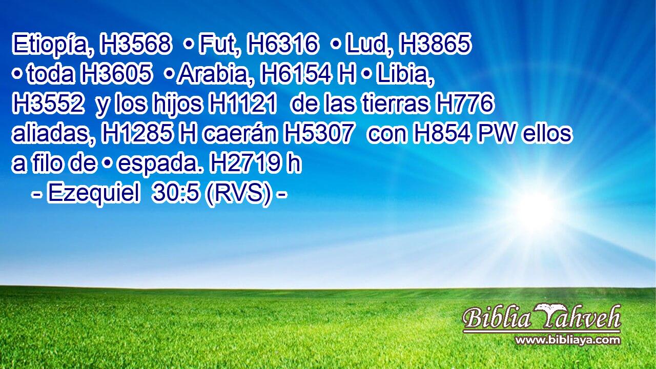 Etiopía, H3568  • Fut, H6316  • Lud, H3865  • toda H3605  • Arabia, H6154 H • Libia, H3552  y los hijos H1121  de las tierras H776  aliadas, H1285 H caerán H5307  con H854 PW ellos a filo de • espada. H2719 h 