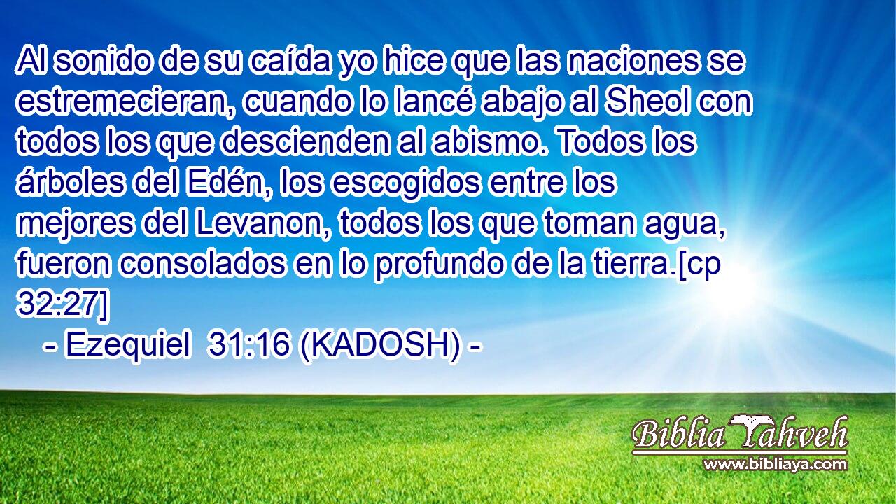  Al sonido de su caída yo hice que las naciones se estremecieran, cuando lo lancé abajo al Sheol con todos los que descienden al abismo. Todos los árboles del Edén, los escogidos entre los mejores del Levanon, todos los que toman agua, fueron consolados en lo profundo de la tierra.[cp 32:27] 