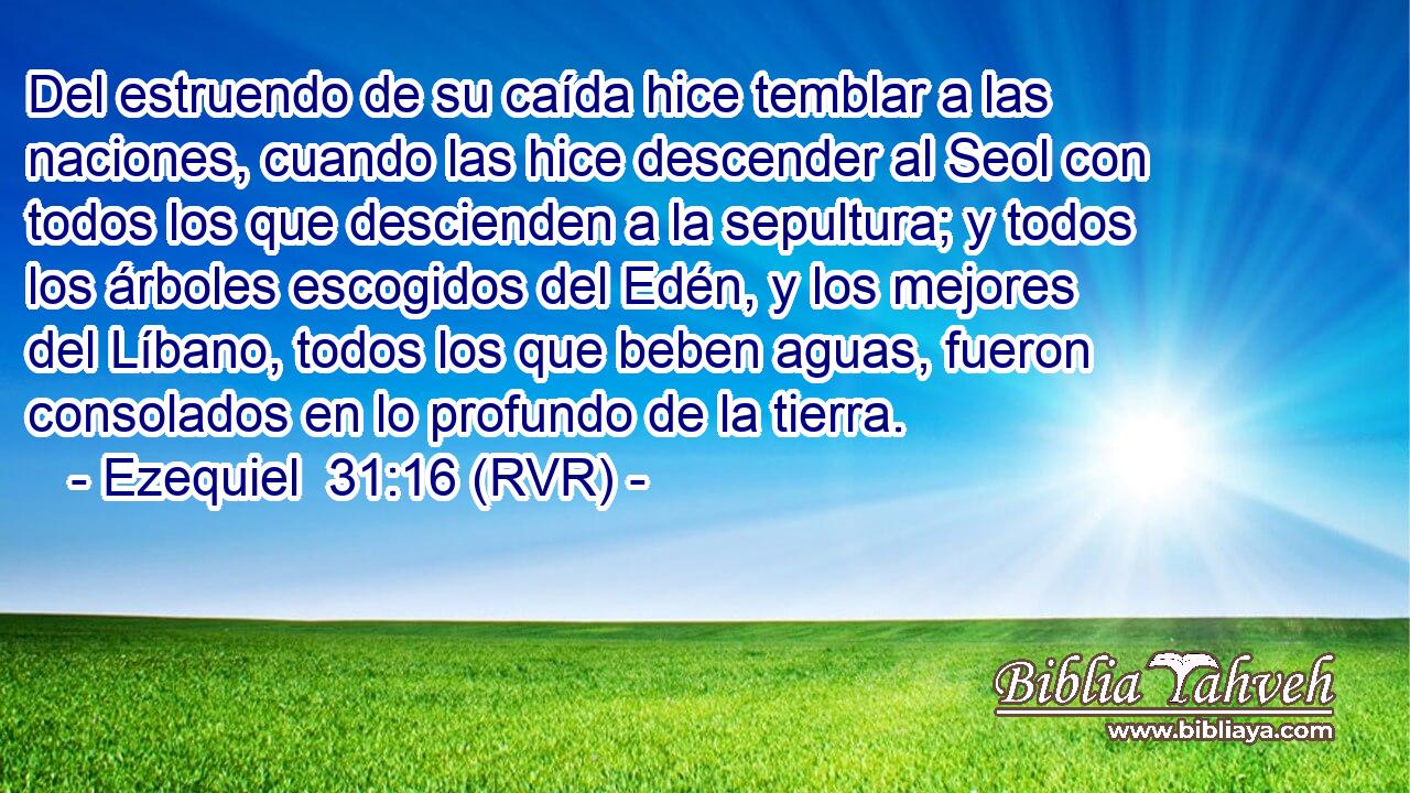 Del estruendo de su caída hice temblar a las naciones, cuando las hice descender al Seol con todos los que descienden a la sepultura; y todos los árboles escogidos del Edén, y los mejores del Líbano, todos los que beben aguas, fueron consolados en lo profundo de la tierra.
