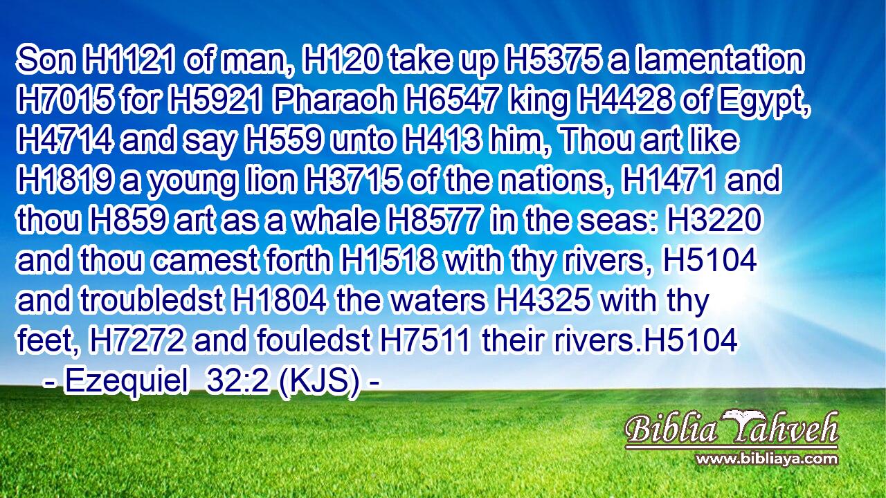 Son H1121 of man, H120 take up H5375 a lamentation H7015 for H5921 Pharaoh H6547 king H4428 of Egypt, H4714 and say H559 unto H413 him, Thou art like H1819 a young lion H3715 of the nations, H1471 and thou H859 art as a whale H8577 in the seas: H3220 and thou camest forth H1518 with thy rivers, H5104 and troubledst H1804 the waters H4325 with thy feet, H7272 and fouledst H7511 their rivers.H5104