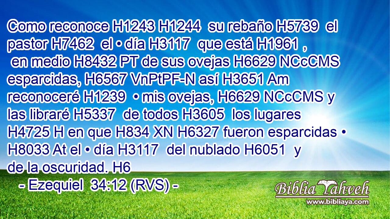 Como reconoce H1243 H1244  su rebaño H5739  el pastor H7462  el • día H3117  que está H1961 ,  en medio H8432 PT de sus ovejas H6629 NCcCMS esparcidas, H6567 VnPtPF-N así H3651 Am reconoceré H1239  • mis ovejas, H6629 NCcCMS y las libraré H5337  de todos H3605  los lugares H4725 H en que H834 XN H6327 fueron esparcidas • H8033 At el • día H3117  del nublado H6051  y de la oscuridad. H6