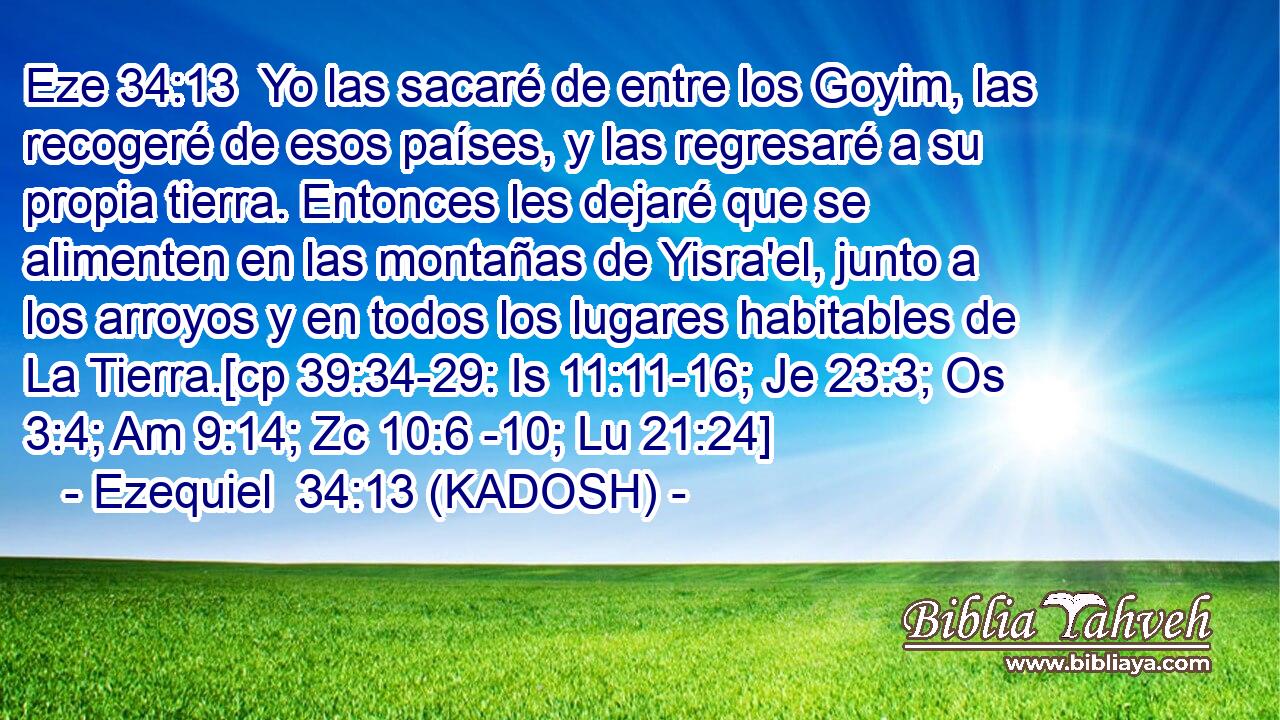 Yo las sacaré de entre los Goyim, las recogeré de esos países, y las regresaré a su propia tierra. Entonces les dejaré que se alimenten en las montañas de Yisra'el, junto a los arroyos y en todos los lugares habitables de La Tierra.[cp 39:34-29: Is 11:11-16; Je 23:3; Os 3:4; Am 9:14; Zc 10:6 -10; Lu 21:24] 