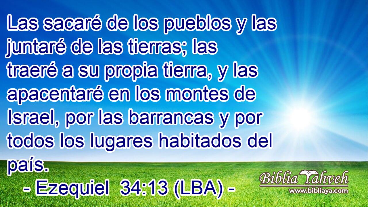 Las sacaré de los pueblos y las juntaré de las tierras; las traeré a su propia tierra, y las apacentaré en los montes de Israel, por las barrancas y por todos los lugares habitados del país.