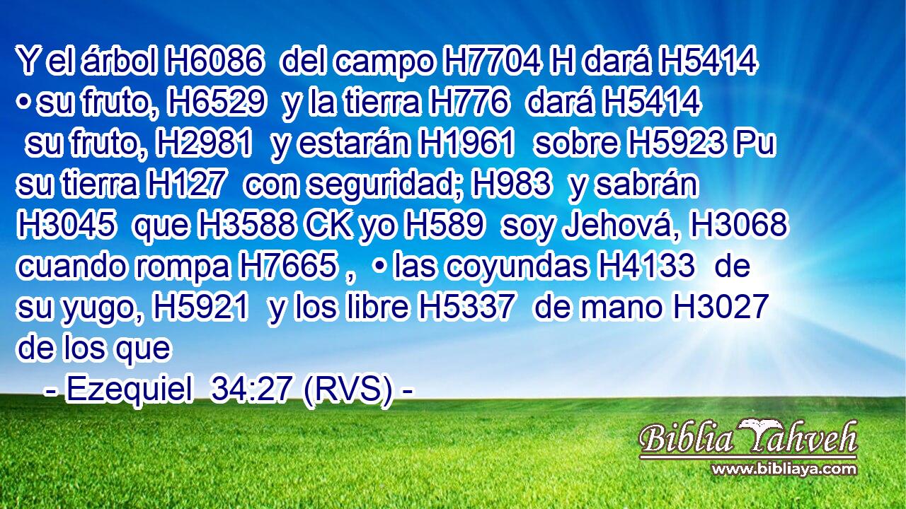 Y el árbol H6086  del campo H7704 H dará H5414  • su fruto, H6529  y la tierra H776  dará H5414  su fruto, H2981  y estarán H1961  sobre H5923 Pu su tierra H127  con seguridad; H983  y sabrán H3045  que H3588 CK yo H589  soy Jehová, H3068  cuando rompa H7665 ,  • las coyundas H4133  de su yugo, H5921  y los libre H5337  de mano H3027  de los que