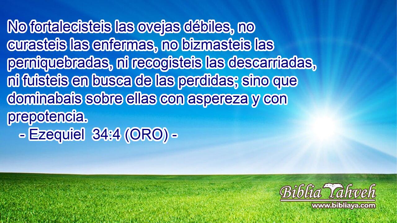  No fortalecisteis las ovejas débiles, no curasteis las enfermas, no bizmasteis las perniquebradas, ni recogisteis las descarriadas, ni fuisteis en busca de las perdidas; sino que dominabais sobre ellas con aspereza y con prepotencia. 