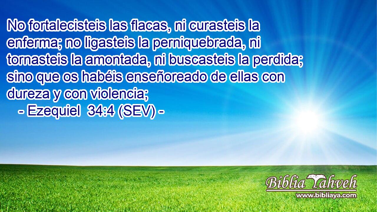 No fortalecisteis las flacas, ni curasteis la enferma; no ligasteis la perniquebrada, ni tornasteis la amontada, ni buscasteis la perdida; sino que os habéis enseñoreado de ellas con dureza y con violencia;