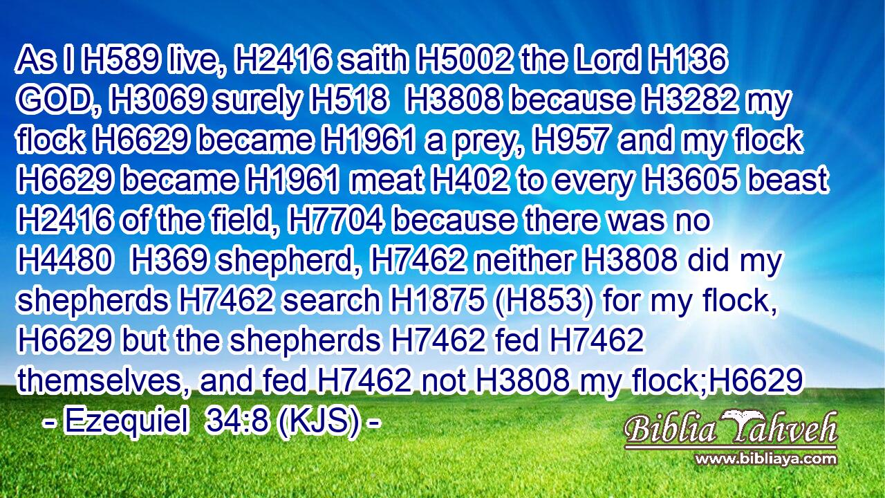 As I H589 live, H2416 saith H5002 the Lord H136 GOD, H3069 surely H518  H3808 because H3282 my flock H6629 became H1961 a prey, H957 and my flock H6629 became H1961 meat H402 to every H3605 beast H2416 of the field, H7704 because there was no H4480  H369 shepherd, H7462 neither H3808 did my shepherds H7462 search H1875 (H853) for my flock, H6629 but the shepherds H7462 fed H7462 themselves, and fed H7462 not H3808 my flock;H6629