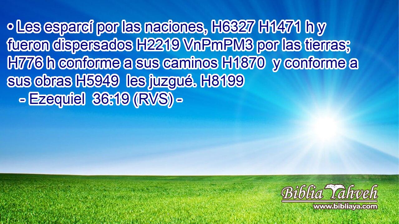 • Les esparcí por las naciones, H6327 H1471 h y fueron dispersados H2219 VnPmPM3 por las tierras; H776 h conforme a sus caminos H1870  y conforme a sus obras H5949  les juzgué. H8199  