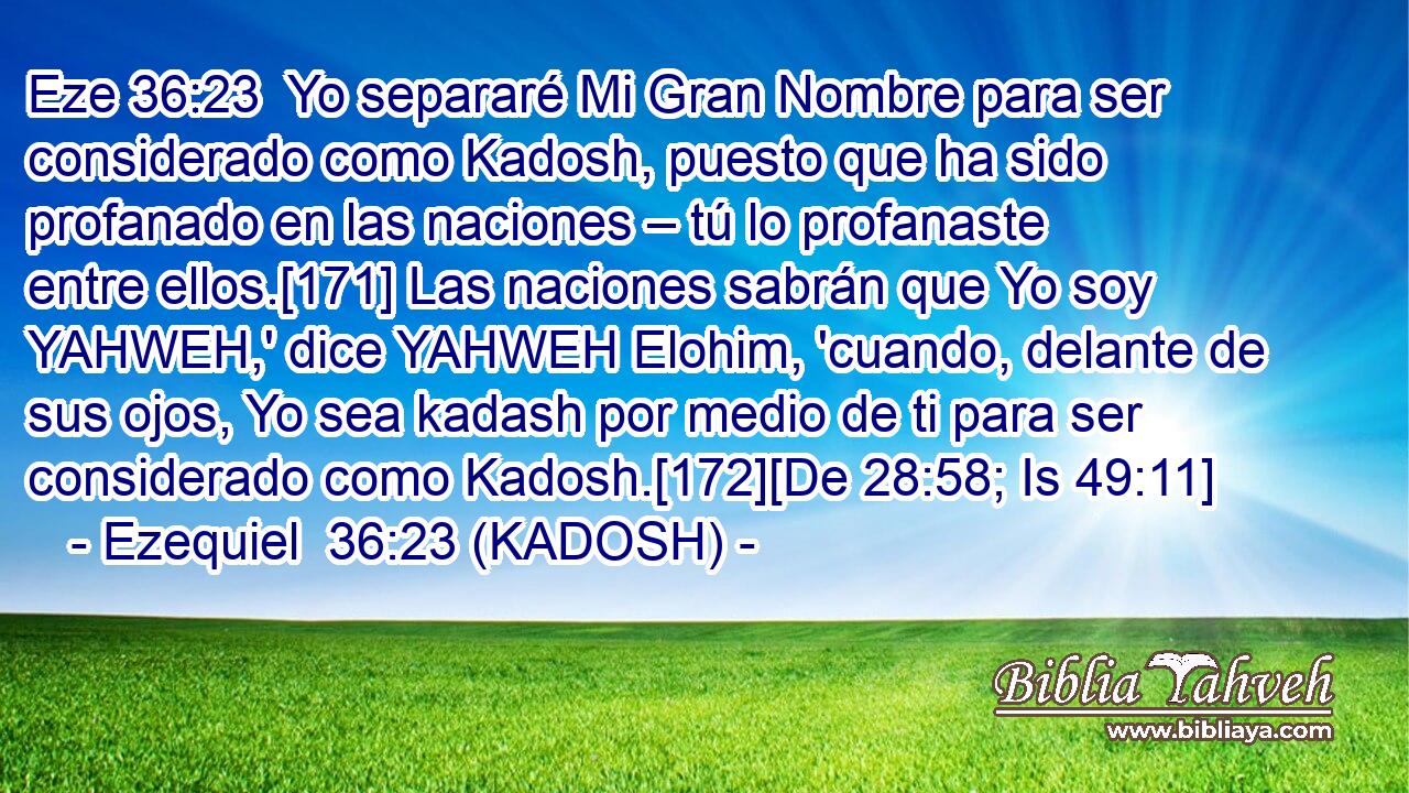  Yo separaré Mi Gran Nombre para ser considerado como Kadosh, puesto que ha sido profanado en las naciones – tú lo profanaste entre ellos.[171] Las naciones sabrán que Yo soy YAHWEH,' dice YAHWEH Elohim, 'cuando, delante de sus ojos, Yo sea kadash por medio de ti para ser considerado como Kadosh.[172][De 28:58; Is 49:11] 