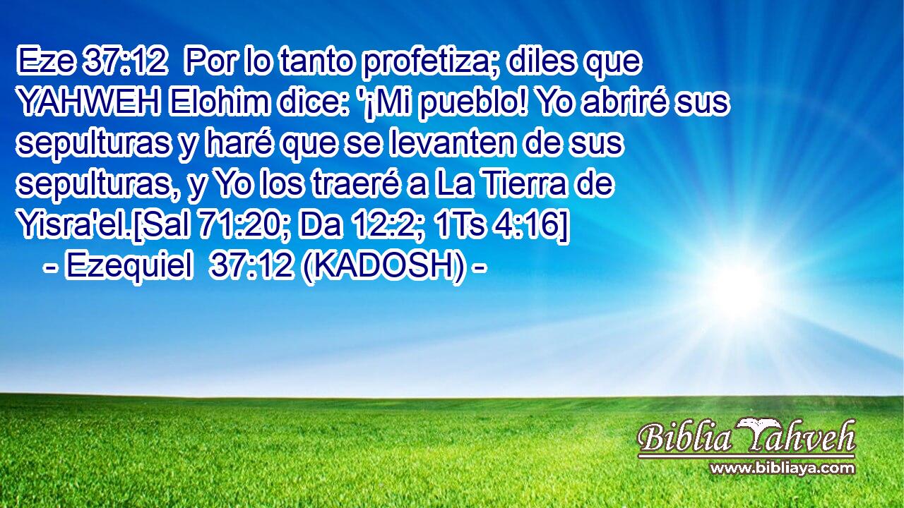  Por lo tanto profetiza; diles que YAHWEH Elohim dice: '¡Mi pueblo! Yo abriré sus sepulturas y haré que se levanten de sus sepulturas, y Yo los traeré a La Tierra de Yisra'el.[Sal 71:20; Da 12:2; 1Ts 4:16] 