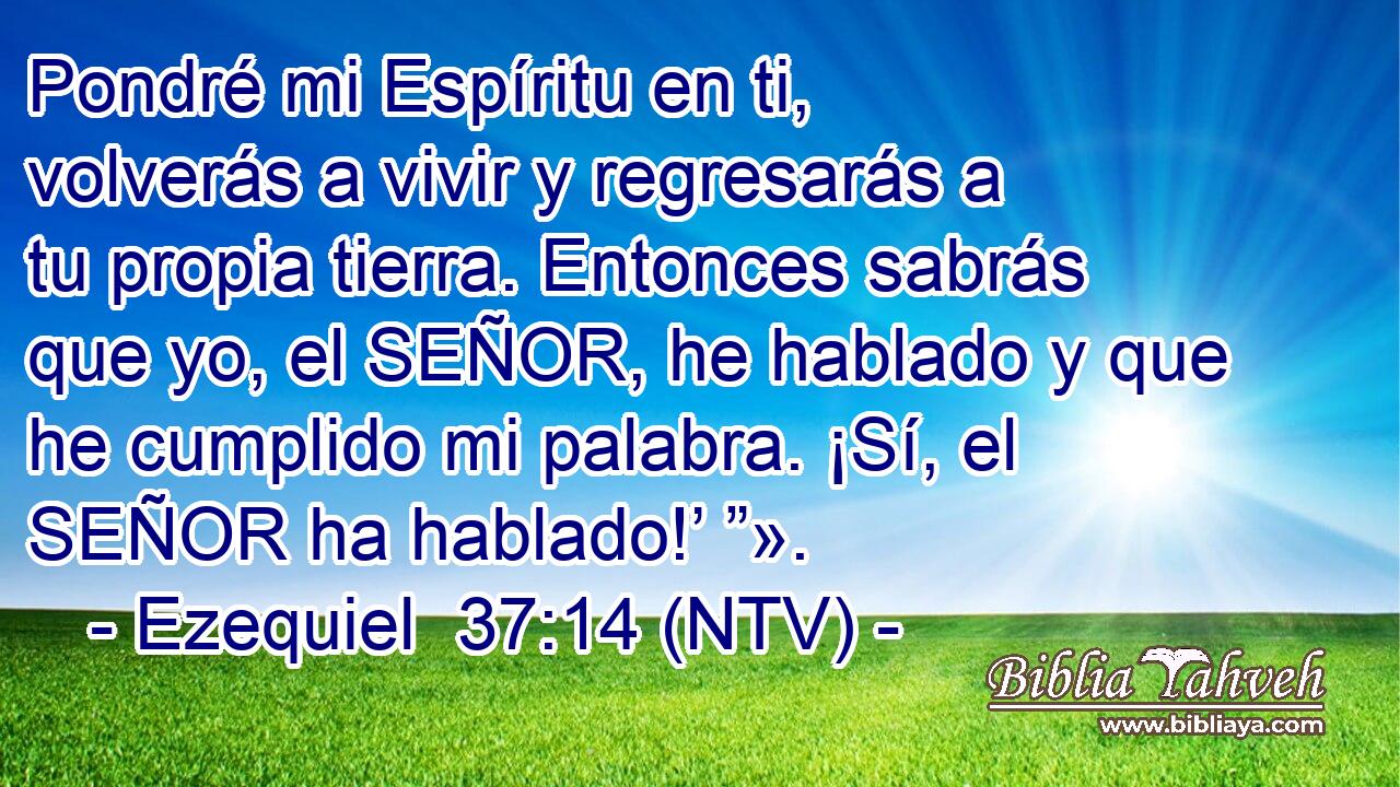 Pondré mi Espíritu en ti, volverás a vivir y regresarás a tu propia tierra. Entonces sabrás que yo, el SEÑOR, he hablado y que he cumplido mi palabra. ¡Sí, el SEÑOR ha hablado!’ ”».