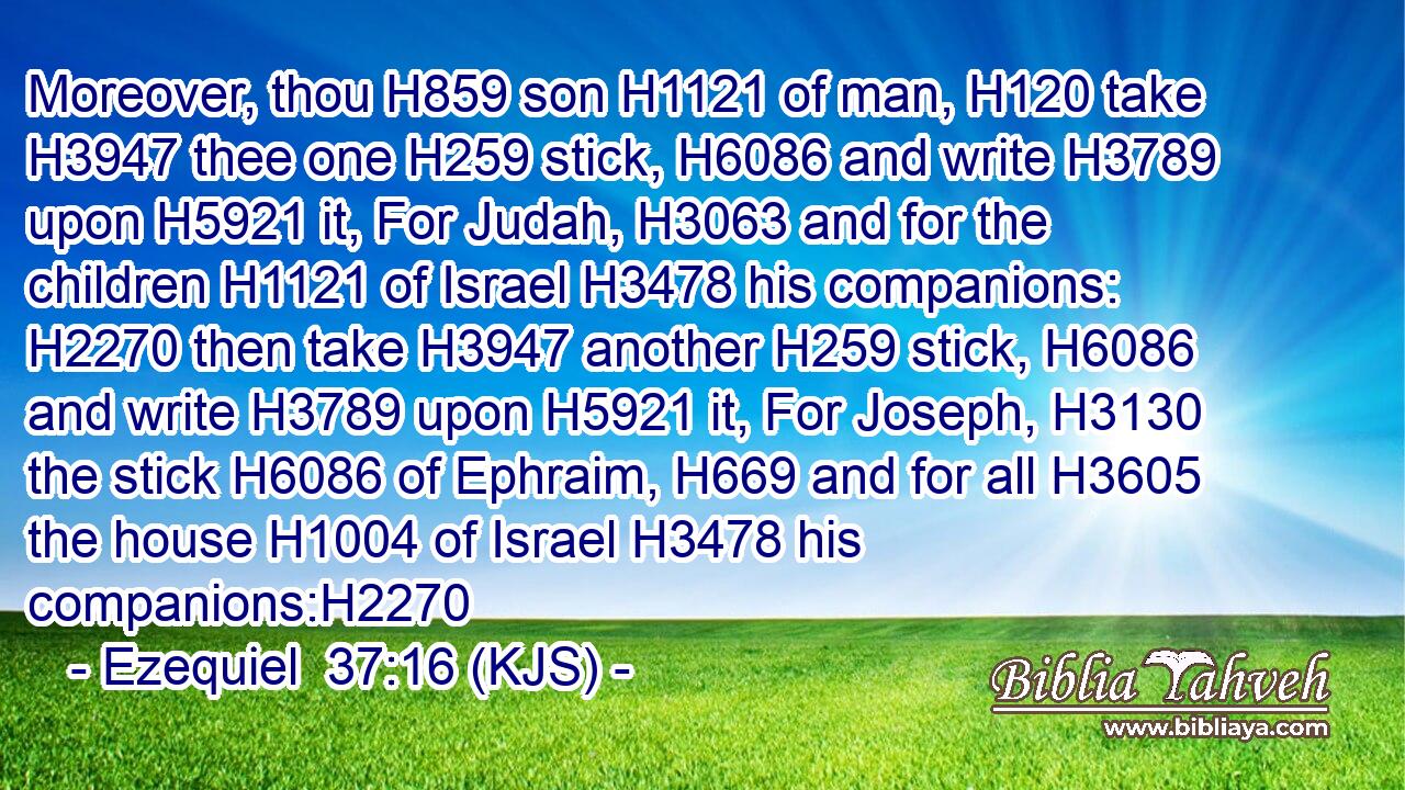 Moreover, thou H859 son H1121 of man, H120 take H3947 thee one H259 stick, H6086 and write H3789 upon H5921 it, For Judah, H3063 and for the children H1121 of Israel H3478 his companions: H2270 then take H3947 another H259 stick, H6086 and write H3789 upon H5921 it, For Joseph, H3130 the stick H6086 of Ephraim, H669 and for all H3605 the house H1004 of Israel H3478 his companions:H2270