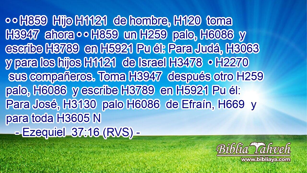 • • H859  Hijo H1121  de hombre, H120  toma H3947  ahora • • H859  un H259  palo, H6086  y escribe H3789  en H5921 Pu él: Para Judá, H3063  y para los hijos H1121  de Israel H3478  • H2270  sus compañeros. Toma H3947  después otro H259  palo, H6086  y escribe H3789  en H5921 Pu él: Para José, H3130  palo H6086  de Efraín, H669  y para toda H3605 N