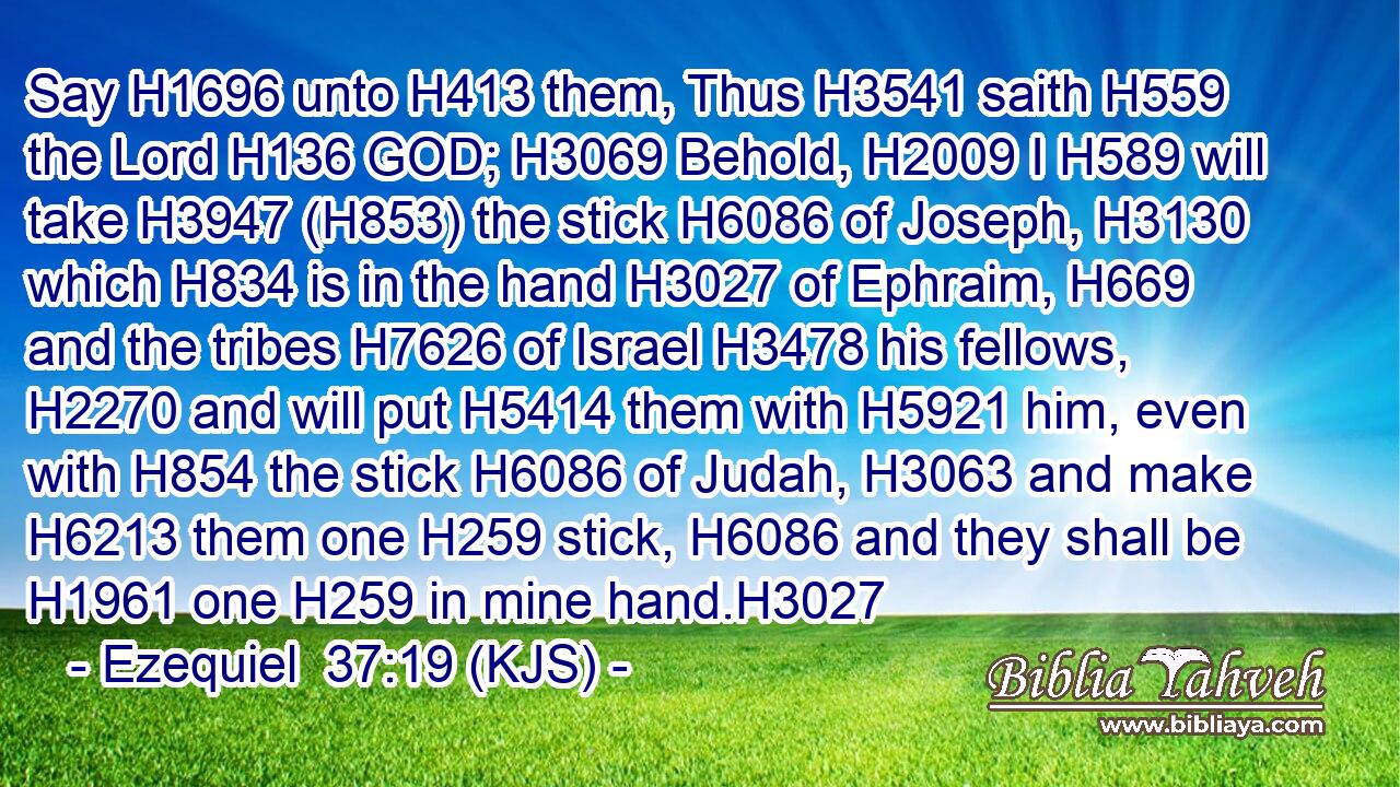 Say H1696 unto H413 them, Thus H3541 saith H559 the Lord H136 GOD; H3069 Behold, H2009 I H589 will take H3947 (H853) the stick H6086 of Joseph, H3130 which H834 is in the hand H3027 of Ephraim, H669 and the tribes H7626 of Israel H3478 his fellows, H2270 and will put H5414 them with H5921 him, even with H854 the stick H6086 of Judah, H3063 and make H6213 them one H259 stick, H6086 and they shall be H1961 one H259 in mine hand.H3027