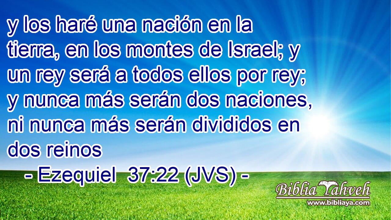 y los haré una nación en la tierra, en los montes de Israel; y un rey será a todos ellos por rey; y nunca más serán dos naciones, ni nunca más serán divididos en dos reinos