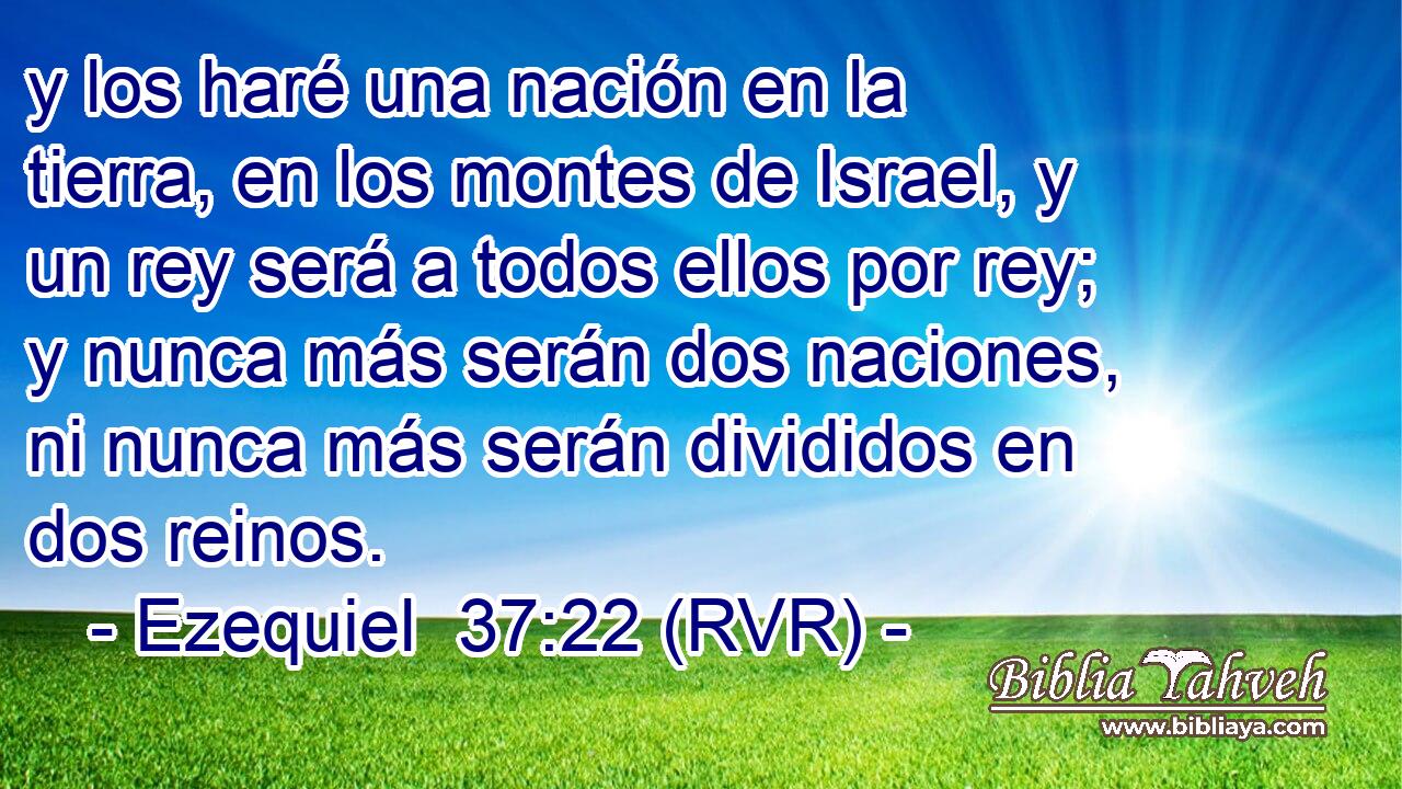 y los haré una nación en la tierra, en los montes de Israel, y un rey será a todos ellos por rey; y nunca más serán dos naciones, ni nunca más serán divididos en dos reinos.