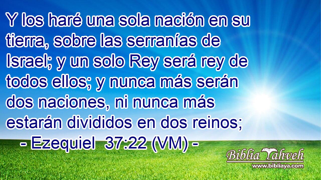  Y los haré una sola nación en su tierra, sobre las serranías de Israel; y un solo Rey será rey de todos ellos; y nunca más serán dos naciones, ni nunca más estarán divididos en dos reinos; 