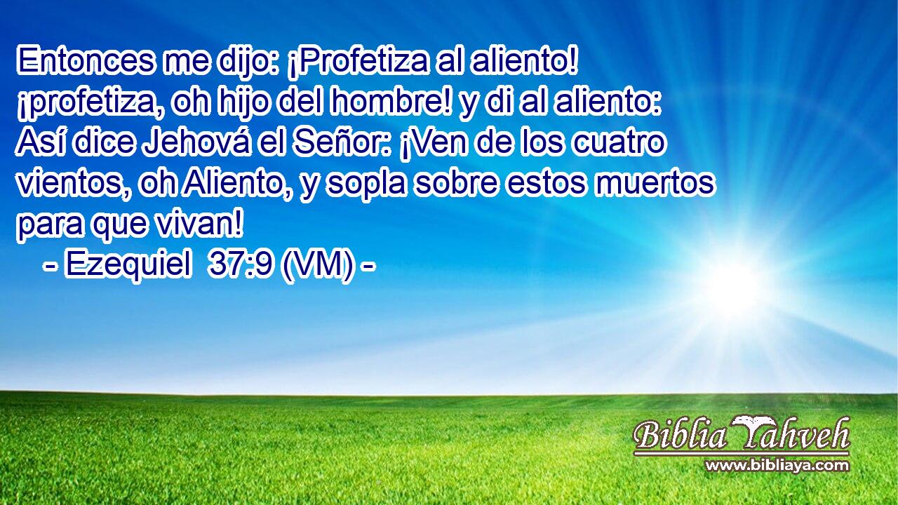  Entonces me dijo: ¡Profetiza al aliento! ¡profetiza, oh hijo del hombre! y di al aliento: Así dice Jehová el Señor: ¡Ven de los cuatro vientos, oh Aliento, y sopla sobre estos muertos para que vivan! 