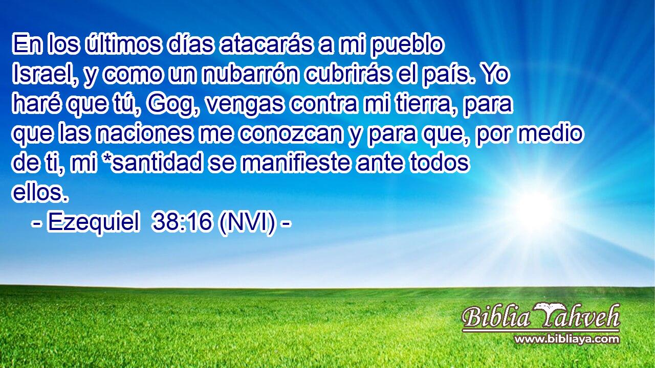  En los últimos días atacarás a mi pueblo Israel, y como un nubarrón cubrirás el país. Yo haré que tú, Gog, vengas contra mi tierra, para que las naciones me conozcan y para que, por medio de ti, mi *santidad se manifieste ante todos ellos. 