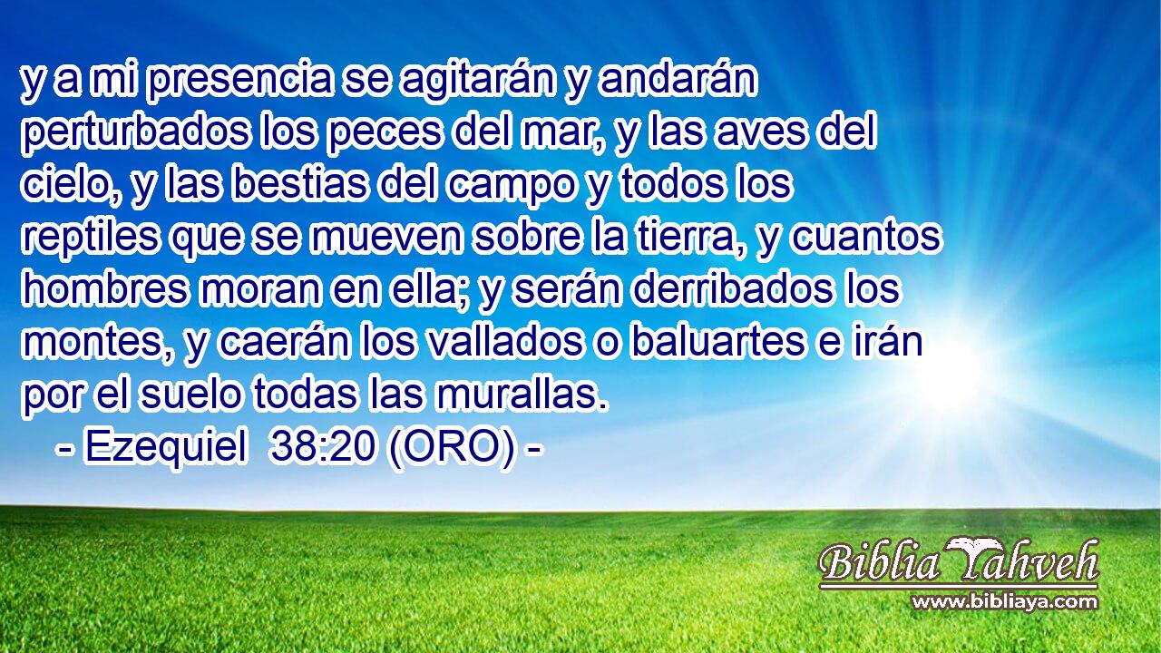  y a mi presencia se agitarán y andarán perturbados los peces del mar, y las aves del cielo, y las bestias del campo y todos los reptiles que se mueven sobre la tierra, y cuantos hombres moran en ella; y serán derribados los montes, y caerán los vallados o baluartes e irán por el suelo todas las murallas. 
