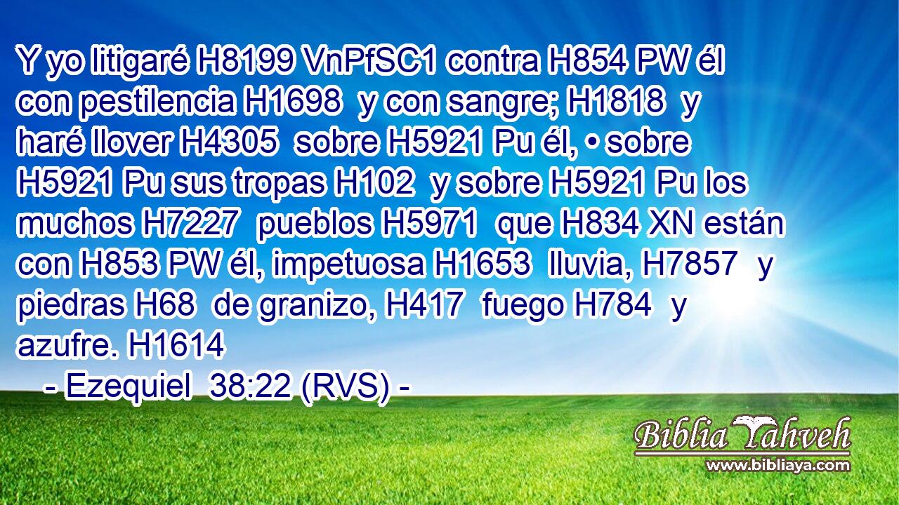 Y yo litigaré H8199 VnPfSC1 contra H854 PW él con pestilencia H1698  y con sangre; H1818  y haré llover H4305  sobre H5921 Pu él, • sobre H5921 Pu sus tropas H102  y sobre H5921 Pu los muchos H7227  pueblos H5971  que H834 XN están con H853 PW él, impetuosa H1653  lluvia, H7857  y piedras H68  de granizo, H417  fuego H784  y azufre. H1614  