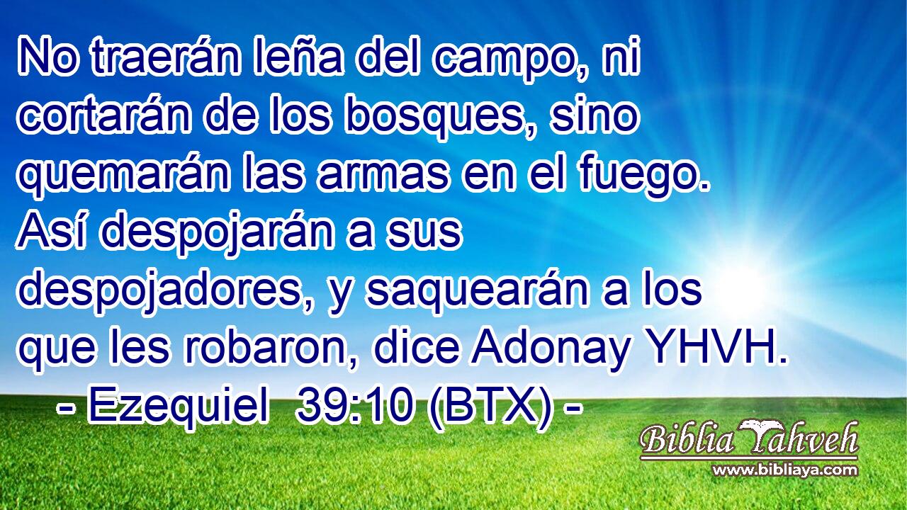 No traerán leña del campo, ni cortarán de los bosques, sino quemarán las armas en el fuego. Así despojarán a sus despojadores, y saquearán a los que les robaron, dice Adonay YHVH.