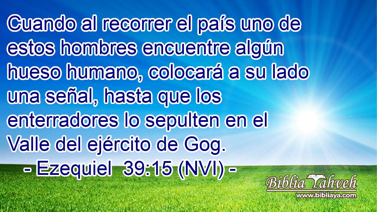  Cuando al recorrer el país uno de estos hombres encuentre algún hueso humano, colocará a su lado una señal, hasta que los enterradores lo sepulten en el Valle del ejército de Gog. 
