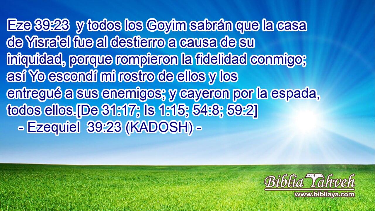  y todos los Goyim sabrán que la casa de Yisra'el fue al destierro a causa de su iniquidad, porque rompieron la fidelidad conmigo; así Yo escondí mi rostro de ellos y los entregué a sus enemigos; y cayeron por la espada, todos ellos.[De 31:17; Is 1:15; 54:8; 59:2] 