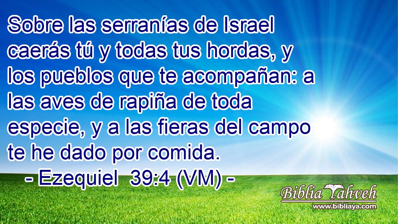  Sobre las serranías de Israel caerás tú y todas tus hordas, y los pueblos que te acompañan: a las aves de rapiña de toda especie, y a las fieras del campo te he dado por comida. 