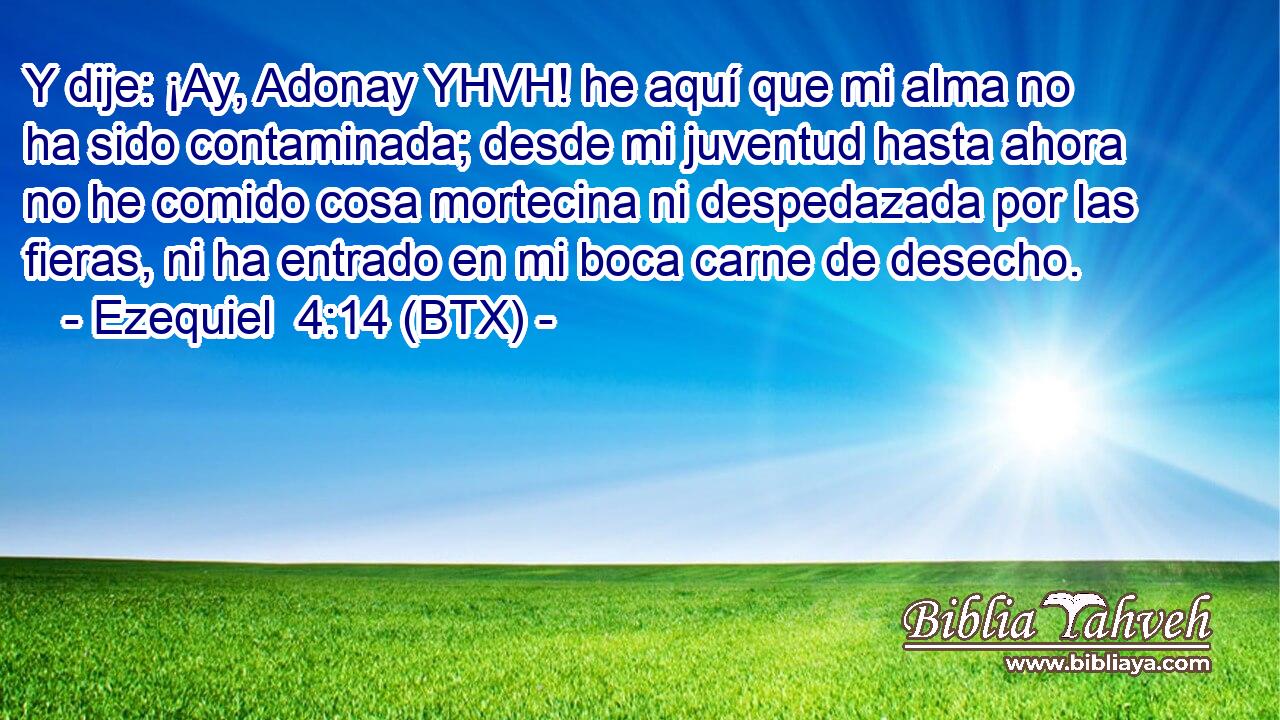 Y dije: ¡Ay, Adonay YHVH! he aquí que mi alma no ha sido contaminada; desde mi juventud hasta ahora no he comido cosa mortecina ni despedazada por las fieras, ni ha entrado en mi boca carne de desecho.