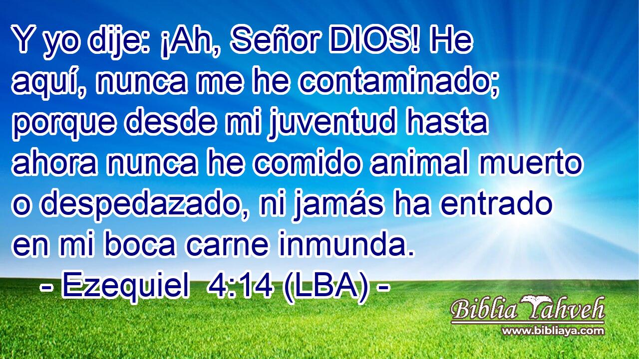 Y yo dije: ¡Ah, Señor DIOS! He aquí, nunca me he contaminado; porque desde mi juventud hasta ahora nunca he comido animal muerto o despedazado, ni jamás ha entrado en mi boca carne inmunda.