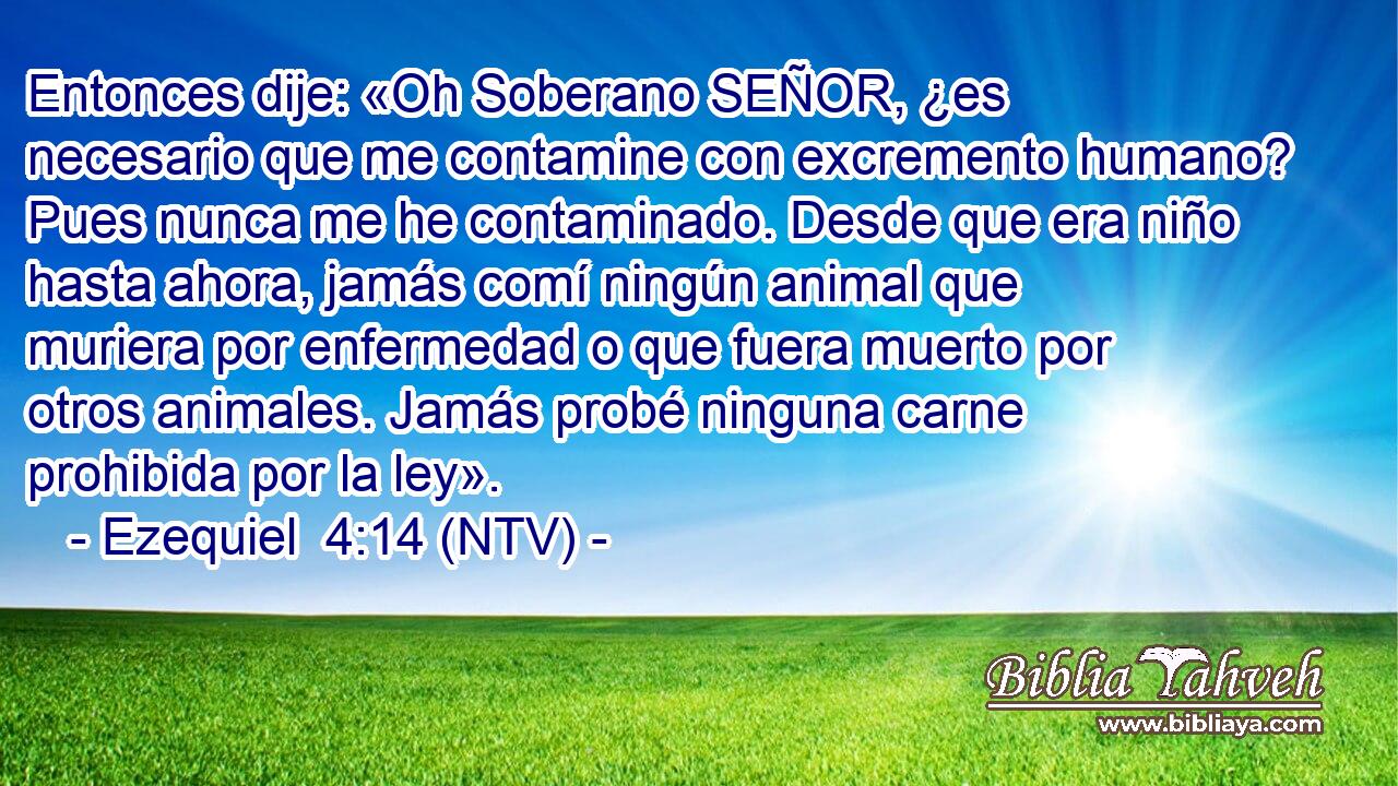 Entonces dije: «Oh Soberano SEÑOR, ¿es necesario que me contamine con excremento humano? Pues nunca me he contaminado. Desde que era niño hasta ahora, jamás comí ningún animal que muriera por enfermedad o que fuera muerto por otros animales. Jamás probé ninguna carne prohibida por la ley».