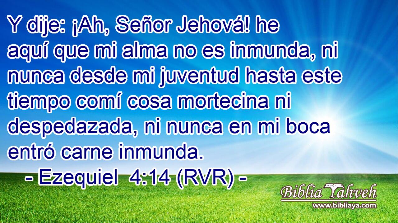 Y dije: ¡Ah, Señor Jehová! he aquí que mi alma no es inmunda, ni nunca desde mi juventud hasta este tiempo comí cosa mortecina ni despedazada, ni nunca en mi boca entró carne inmunda.