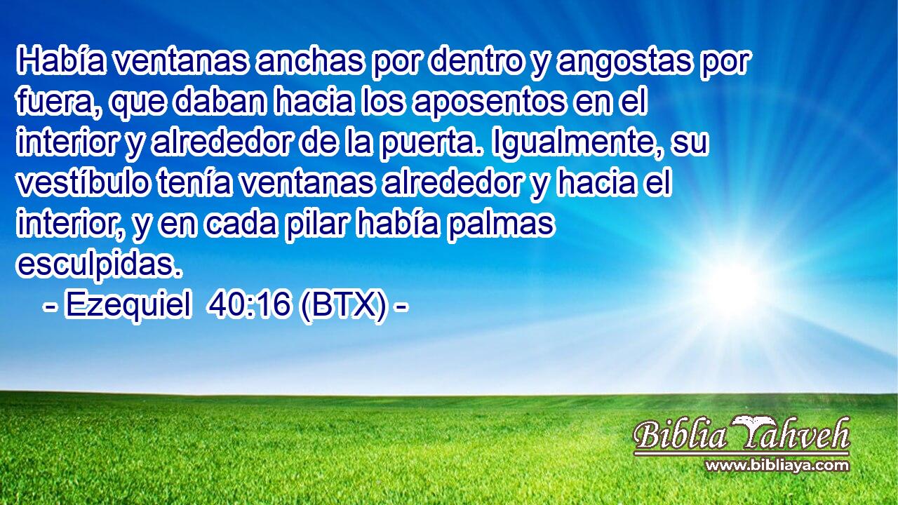 Había ventanas anchas por dentro y angostas por fuera, que daban hacia los aposentos en el interior y alrededor de la puerta. Igualmente, su vestíbulo tenía ventanas alrededor y hacia el interior, y en cada pilar había palmas esculpidas.