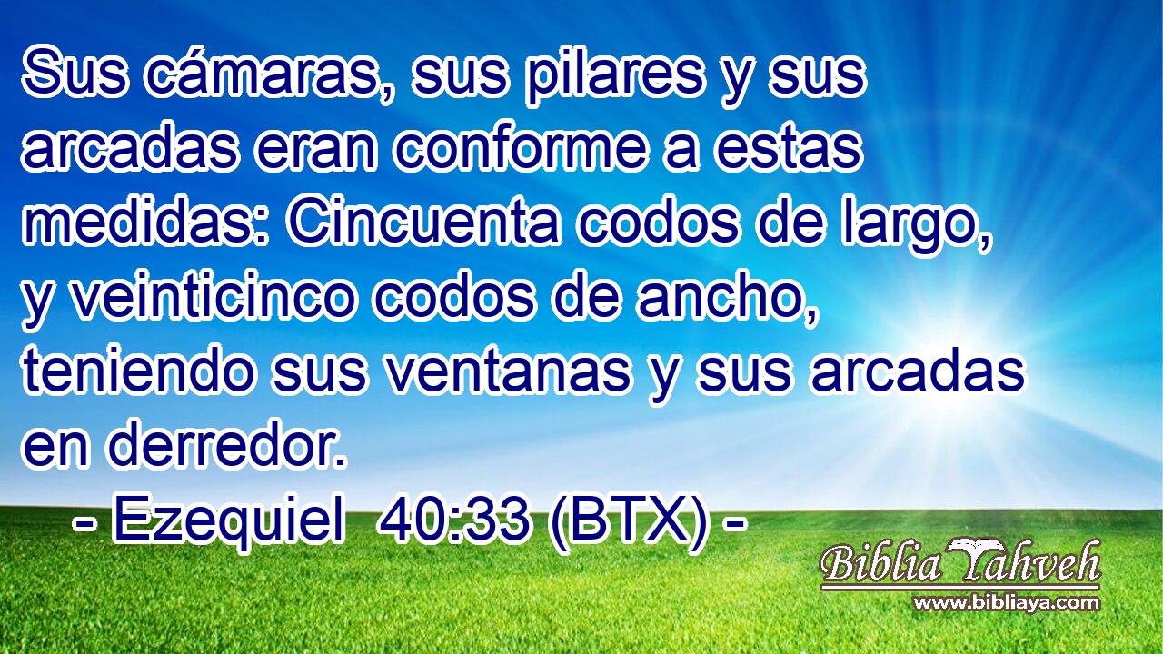 Sus cámaras, sus pilares y sus arcadas eran conforme a estas medidas: Cincuenta codos de largo, y veinticinco codos de ancho, teniendo sus ventanas y sus arcadas en derredor.