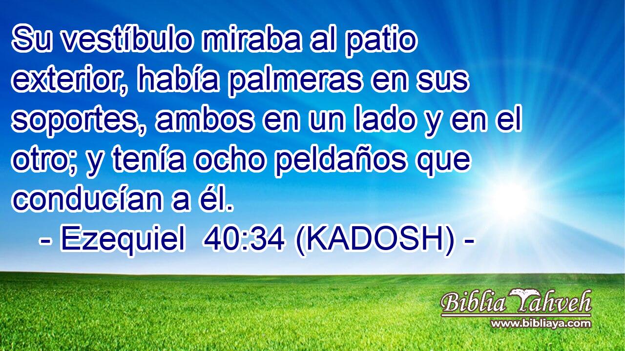  Su vestíbulo miraba al patio exterior, había palmeras en sus soportes, ambos en un lado y en el otro; y tenía ocho peldaños que conducían a él. 